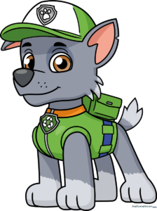 Colorful, completed drawing of Rocky from PAW Patrol, ready for display.