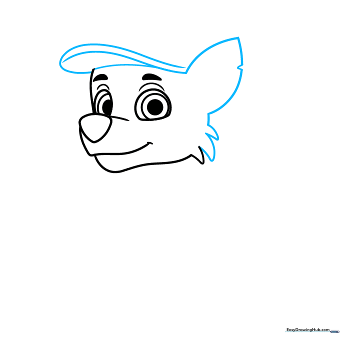 Sketching the cap bill and the notched ear of Rocky.