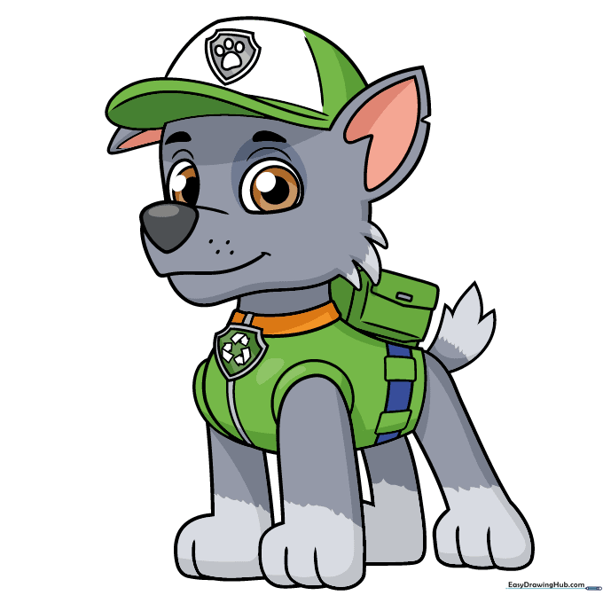 The finished, colored drawing of Rocky from PAW Patrol.