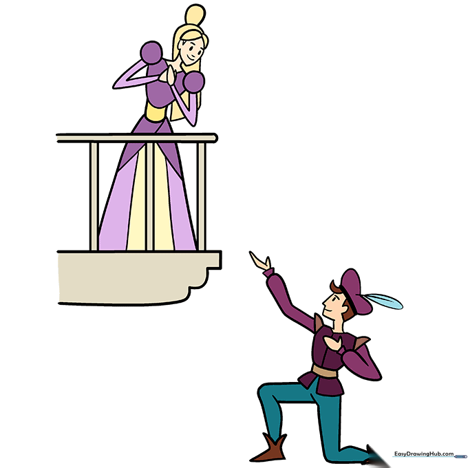 A finished, colored drawing of Romeo and Juliet on a balcony.