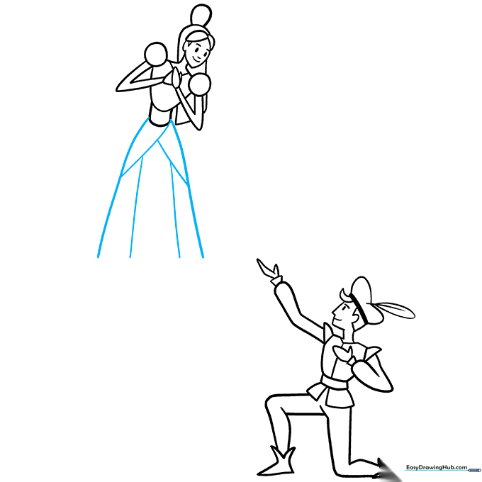 Drawing the long, flowing skirt of Juliet's dress with fabric fold details.