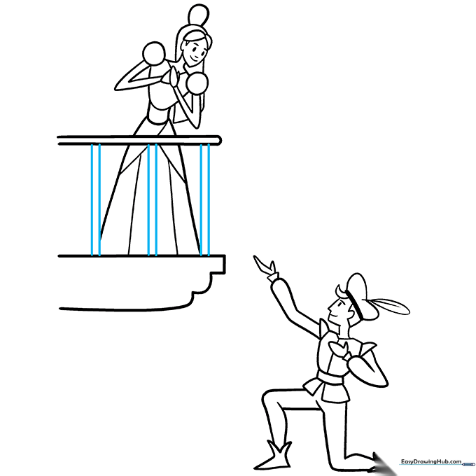 Adding vertical railing details to the balcony to complete the drawing outline.