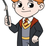 A vibrant, finished drawing of Ron Weasley holding his wand, presented as a high-quality art tutorial.