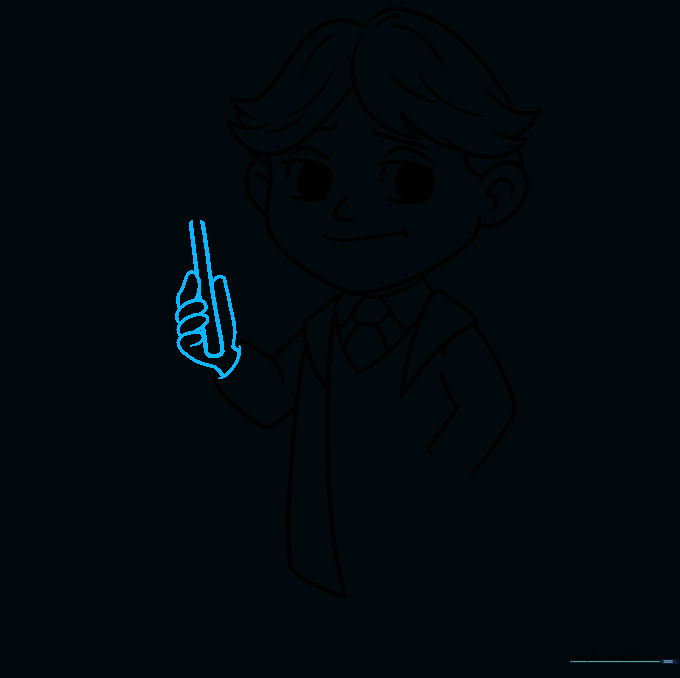 Close-up pencil sketch of a hand holding a wand using simple shapes for fingers.