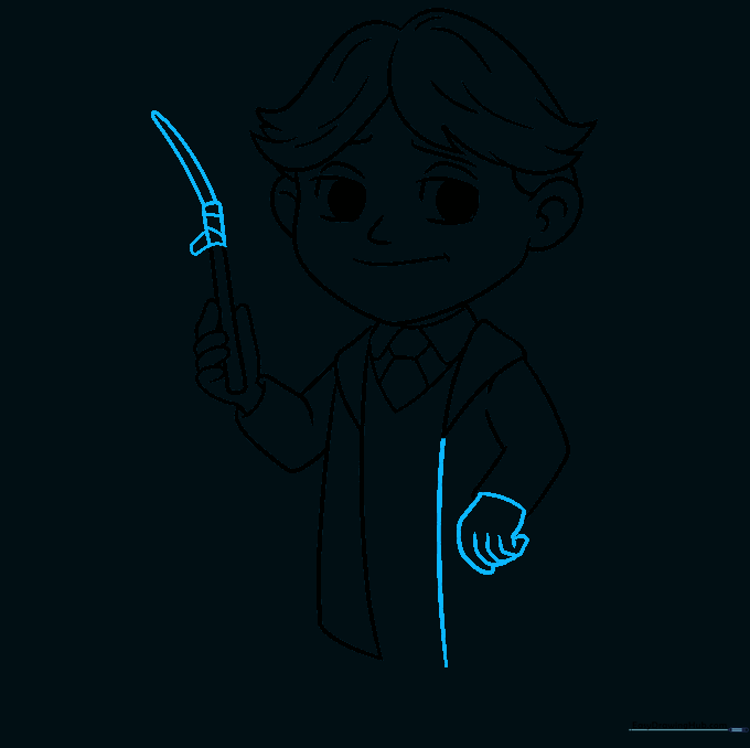 Pencil sketch showing the refined wand and the second hand resting at the side.