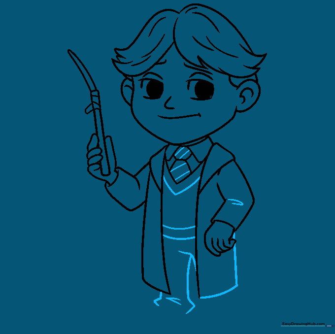 Pencil sketch adding details to the school uniform, including tie stripes and vest patterns.
