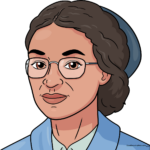 A finished, colored drawing of Rosa Parks, showcasing a clear and friendly portrait style.
