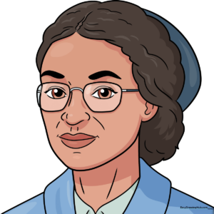 A finished, colored drawing of Rosa Parks, showcasing a clear and friendly portrait style.