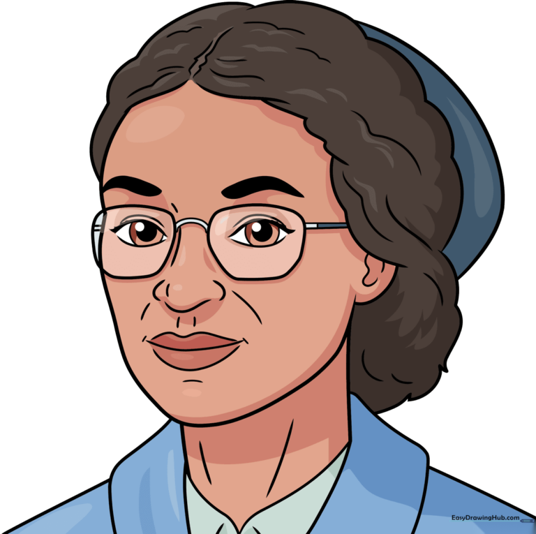 A finished, colored drawing of Rosa Parks, showcasing a clear and friendly portrait style.