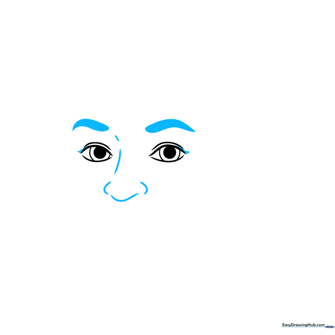 Drawing the eyebrows and nose structure for the Rosa Parks portrait.