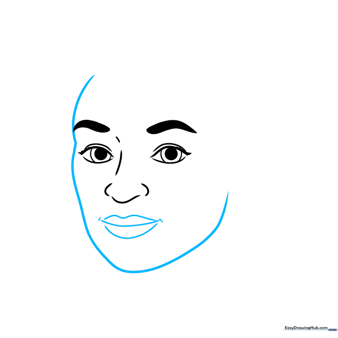 Outlining the face shape and lips for the Rosa Parks drawing.