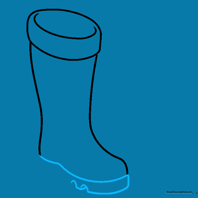 Drawing the sole of the boot with added tread details using small inverted U-shapes.
