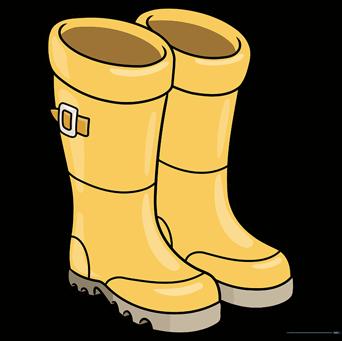 Finished drawing of a pair of rubber boots, colored in bright yellow.