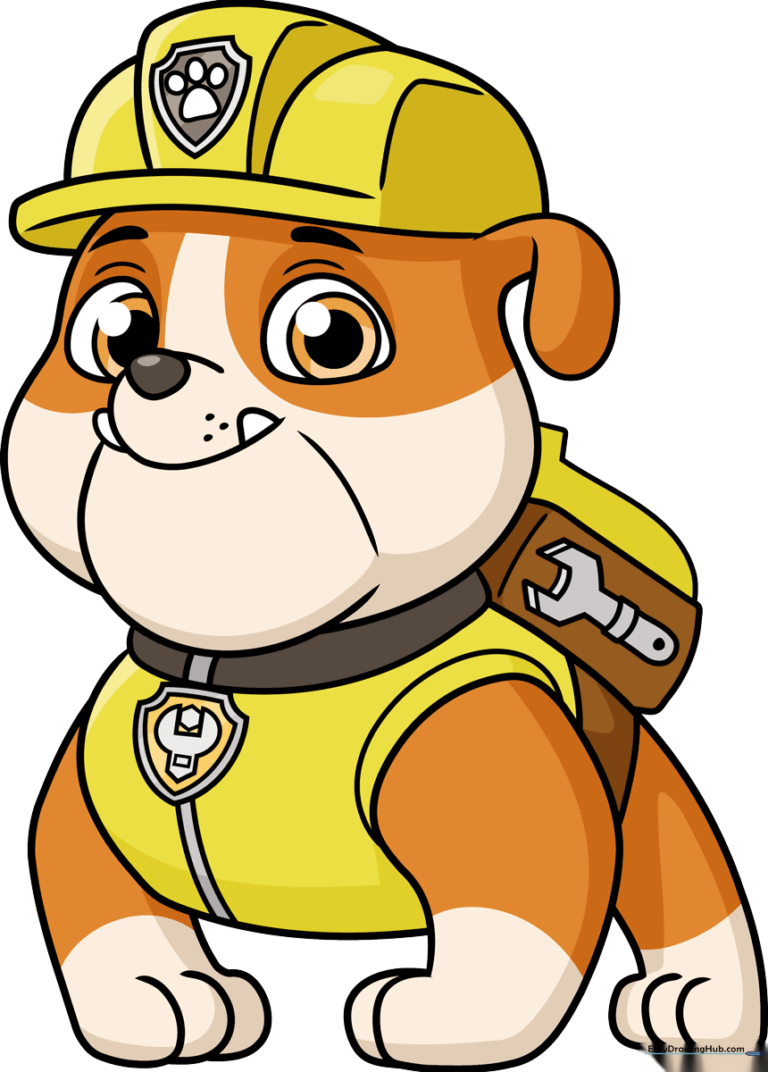 A vibrant, finished illustration of Rubble from PAW Patrol ready for coloring.