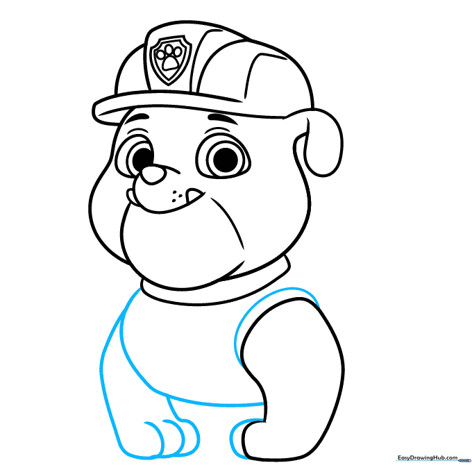 Sketching the torso, vest, and front paws of the character.