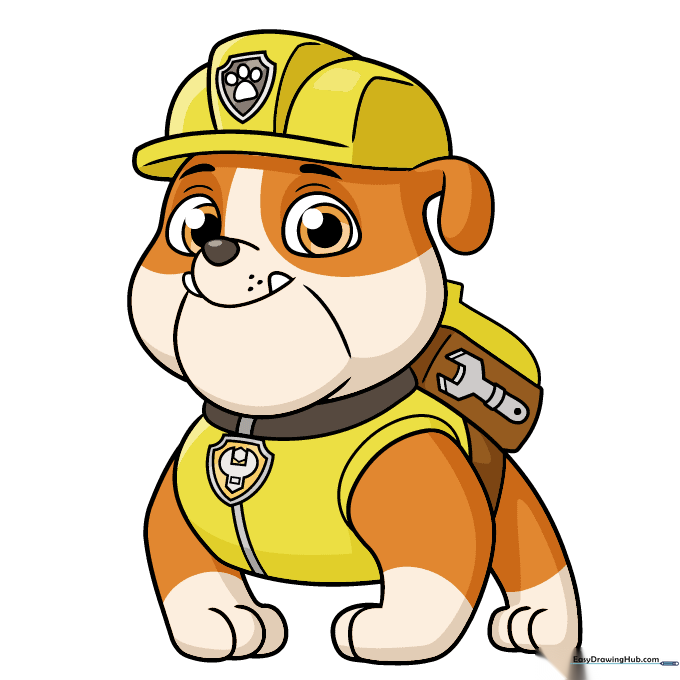 The finished, colored drawing of Rubble from PAW Patrol.