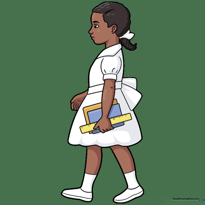 The finished, colored drawing of Ruby Bridges holding books.