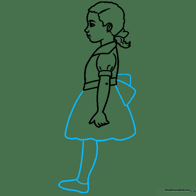 Drawing the skirt and legs of the character.
