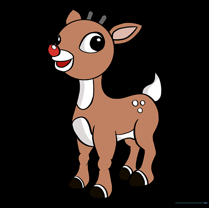 A fully colored, completed drawing of Rudolph with his iconic red nose.