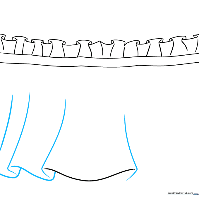 Drawing showing the bottom edge of the fabric with L-shaped folds.