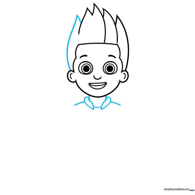 Adding the neck, collar, and shoulder lines to the Ryder character sketch.