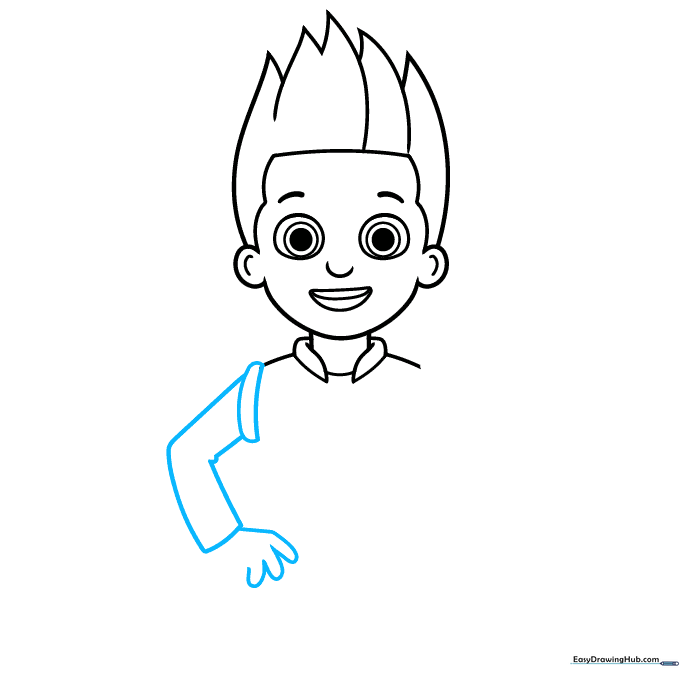 Drawing the first arm and hand of Ryder using simple geometric shapes.