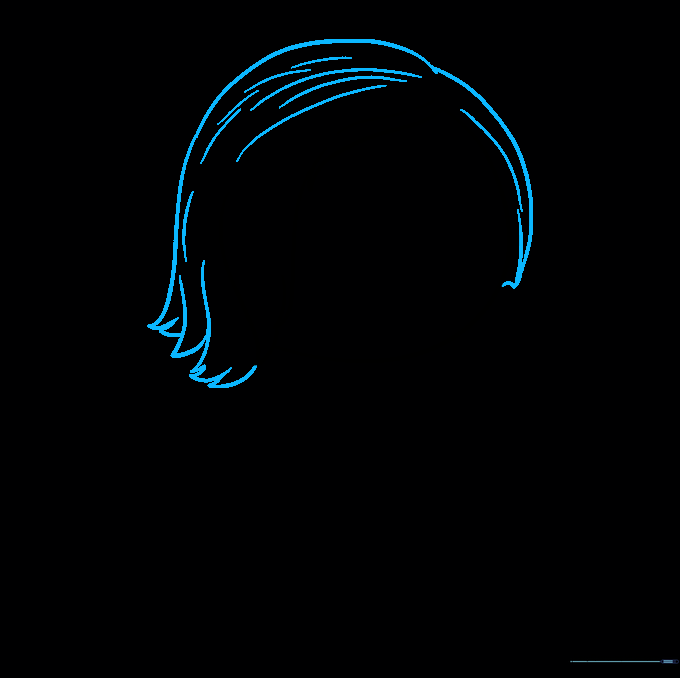 Drawing the hair outline for Sadness, featuring curved lines that frame the face.