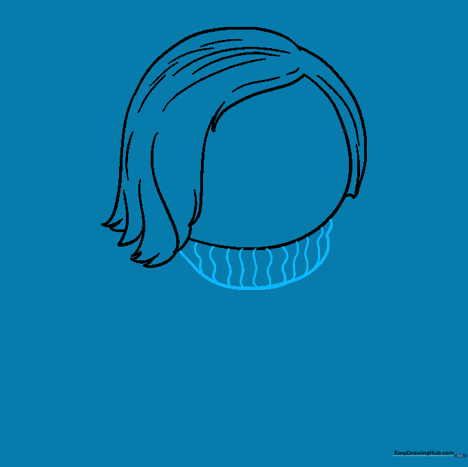 Adding the collar of the sweater to the drawing, including texture lines for a knitted effect.