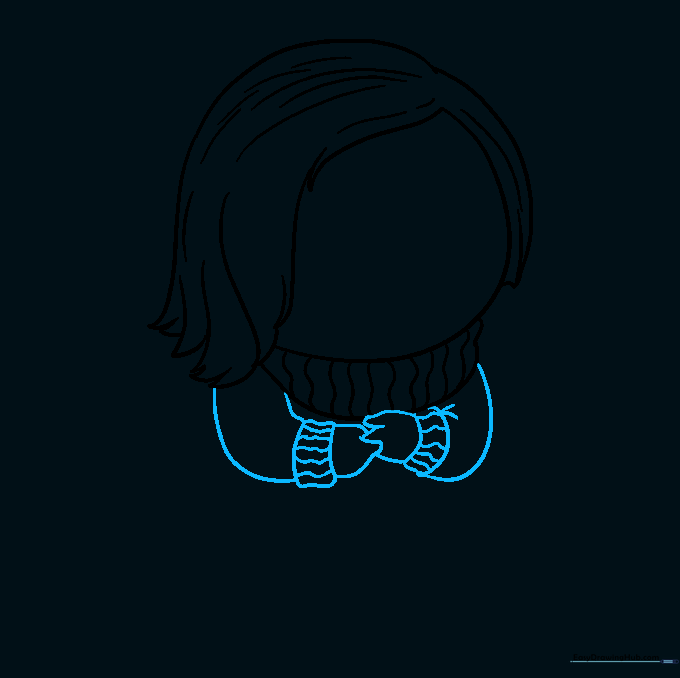 Drawing the arms and sweater cuffs for Sadness, showing the placement of the hands.