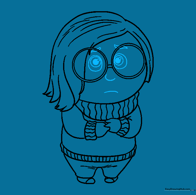 Adding the final facial features, including eyes, eyebrows, and a sad mouth.