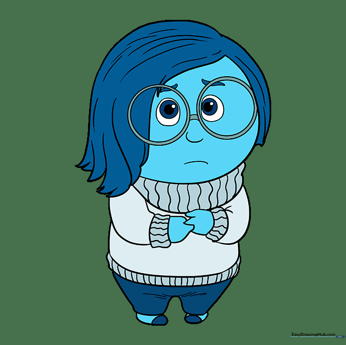 The completed drawing of Sadness colored in shades of blue.