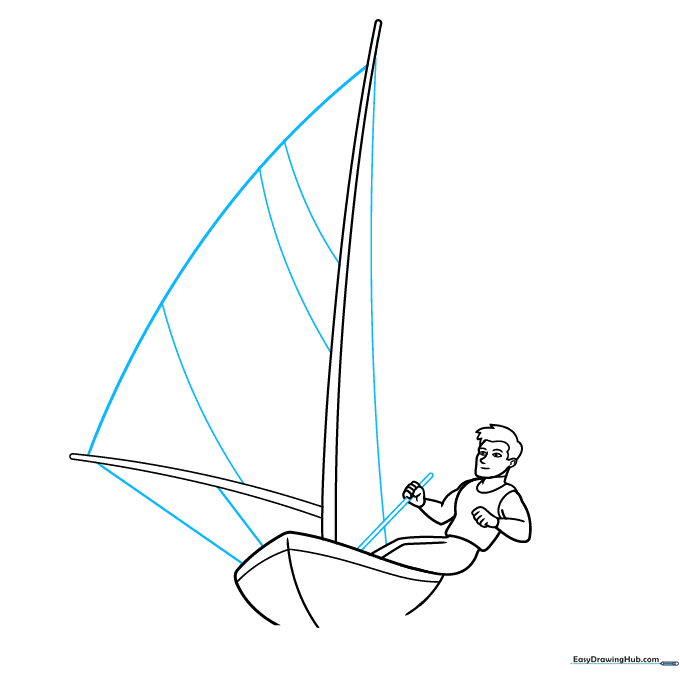 Sailboat with large, curved sails attached to the mast, catching the wind.
