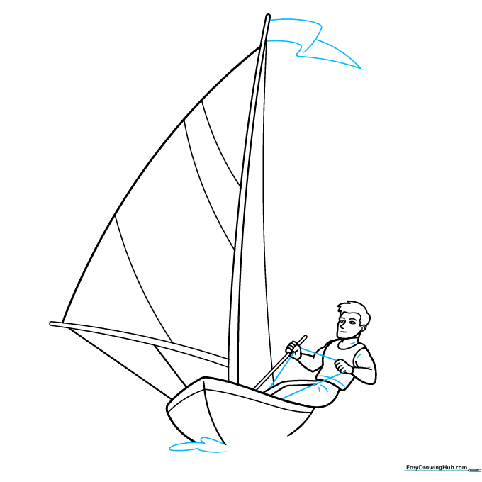 Detailed sketch showing ropes, flags, and hull decorations on the sailboat.
