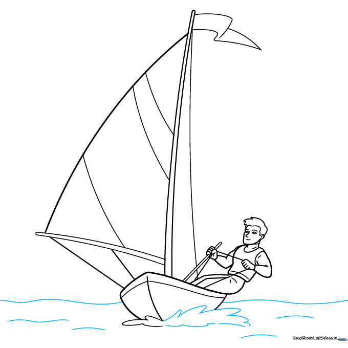 Completed line art of a sailor on a boat surrounded by stylized ocean waves.
