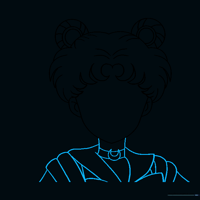 Drawing the neck and the sailor-style collar with geometric shapes.