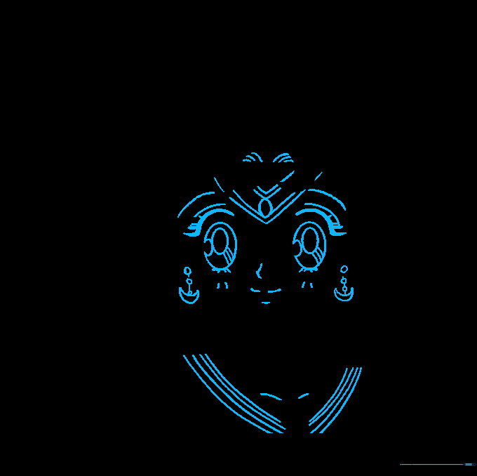 Adding facial features including large anime eyes, mouth, and crescent moon earrings.