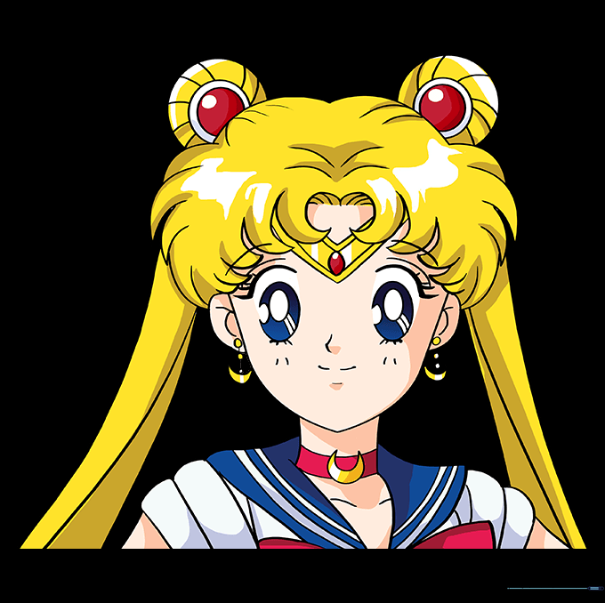 The finished Sailor Moon drawing fully colored in blonde, red, white, and blue.
