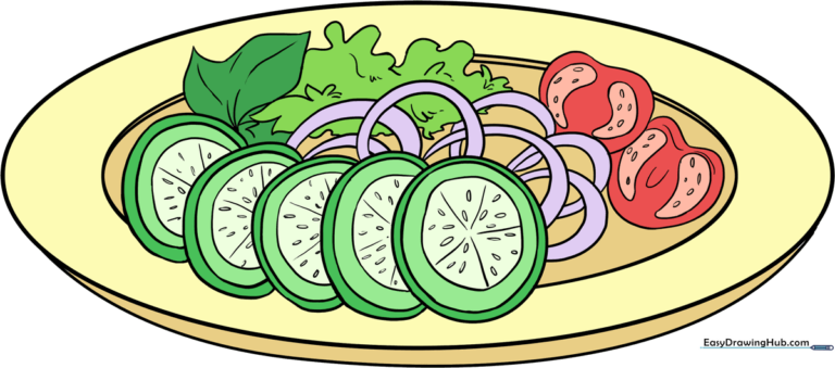 A colorful, finished drawing of a fresh vegetable salad in a bowl.