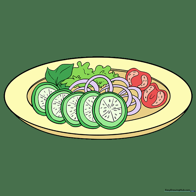 A fully colored, vibrant salad drawing with red tomatoes, green lettuce, and purple onions.