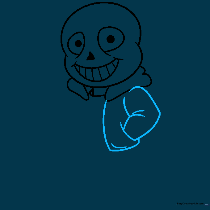 Sketching the arms tucked into pockets and the main body of the jacket.