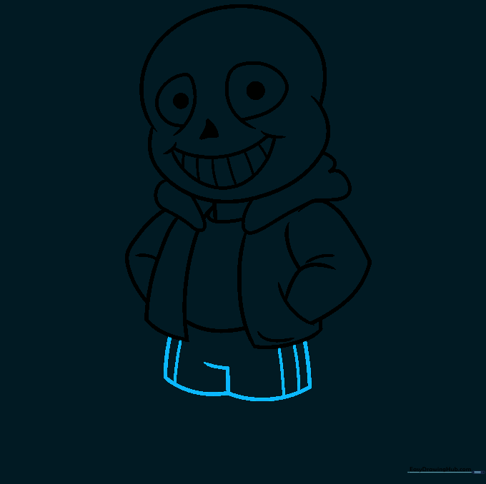 Drawing the baggy pants with vertical stripe details.