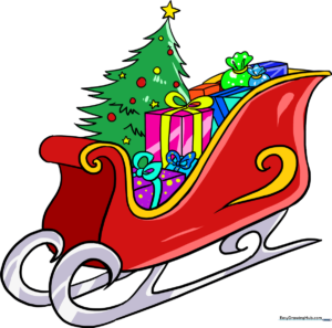 A colorful, festive illustration of Santa's sleigh filled with presents and a Christmas tree.