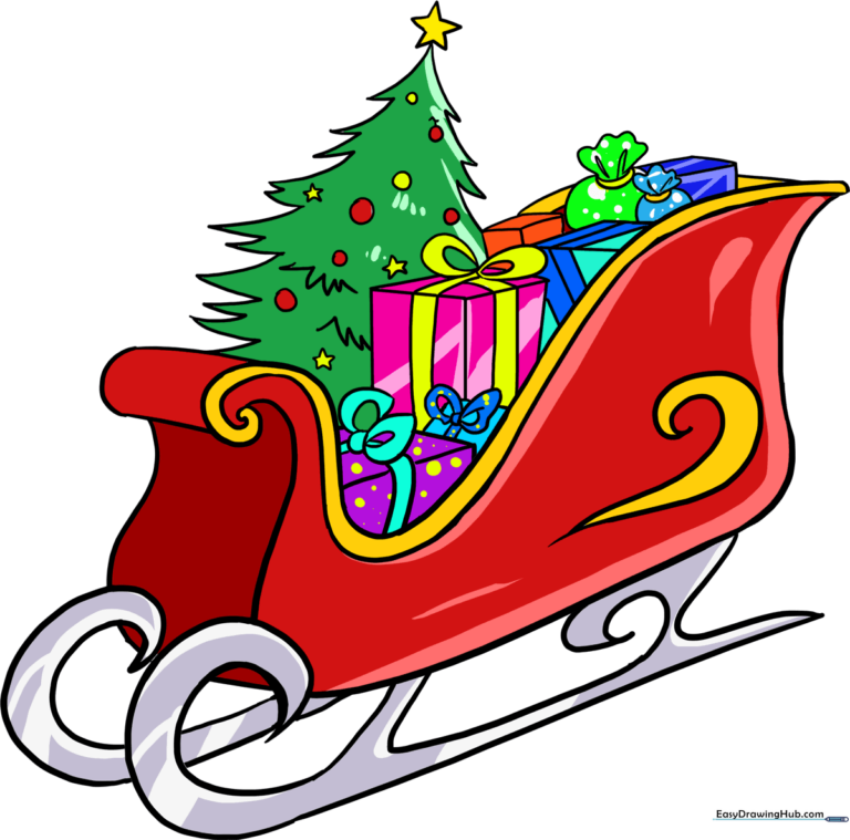 A colorful, festive illustration of Santa's sleigh filled with presents and a Christmas tree.