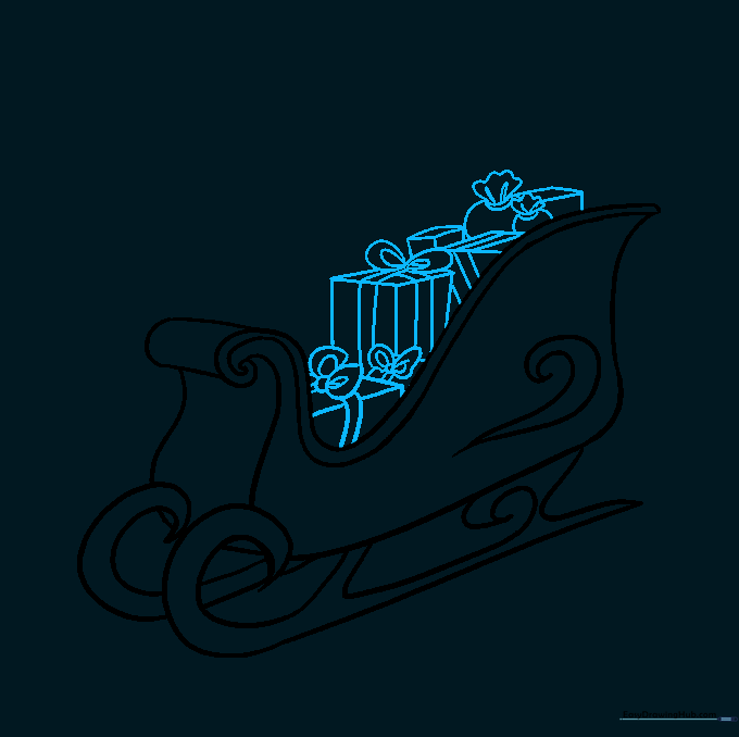 Drawing gift boxes with ribbons and bows inside the sleigh.