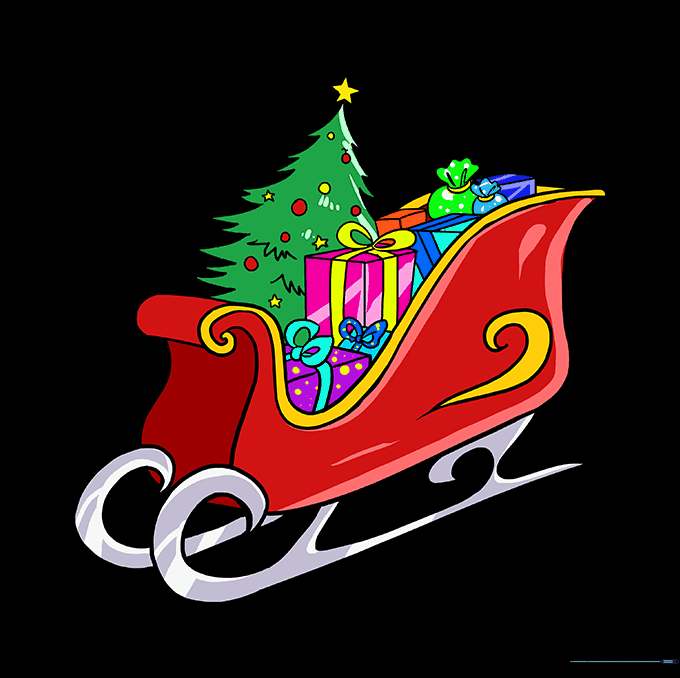 The final colored Santa's sleigh drawing with gifts and a tree.