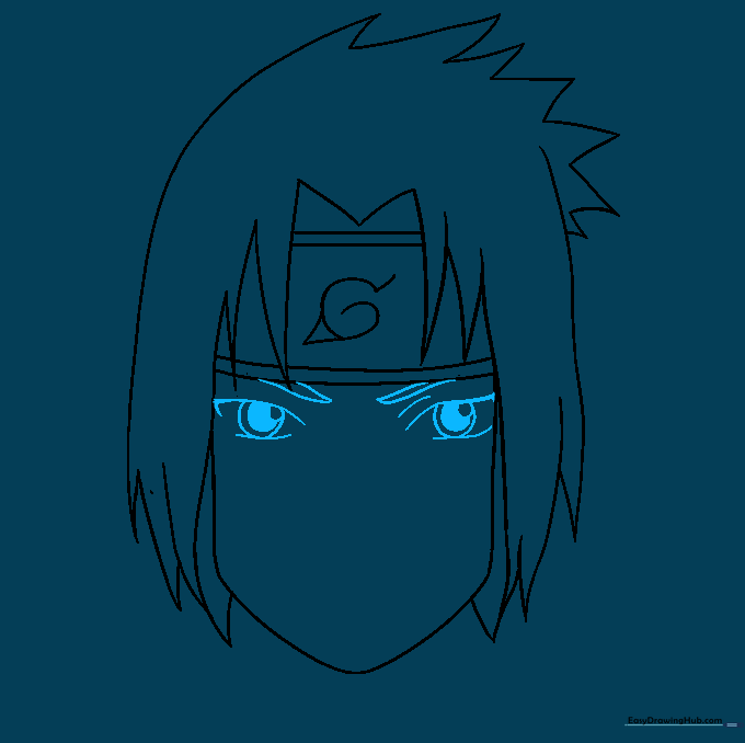 Detailed sketch of Sasuke's intense, narrow anime eyes.