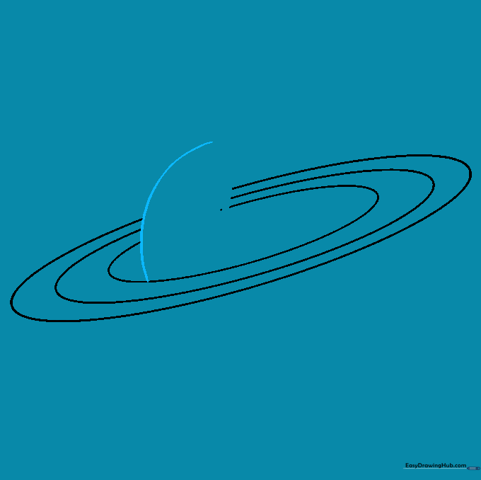 The rings with a section erased and a curved line starting the top of the planet.