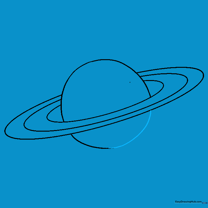 The full outline of the planet Saturn with rings passing behind and in front.