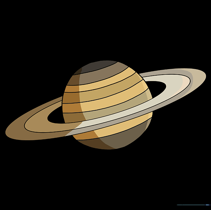 A finished, colored drawing of Saturn using yellow and brown tones.