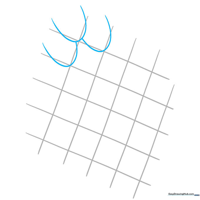 Drawing U-shaped curves inside the grid diamonds to begin forming the scale texture.